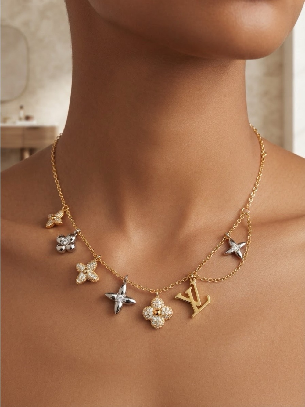 Mixed Metal Monogram Charm Necklace in Gold and Silver